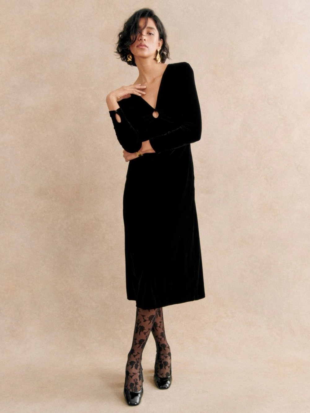 Sézane Black Long Sleeve Velvet Midi Dress